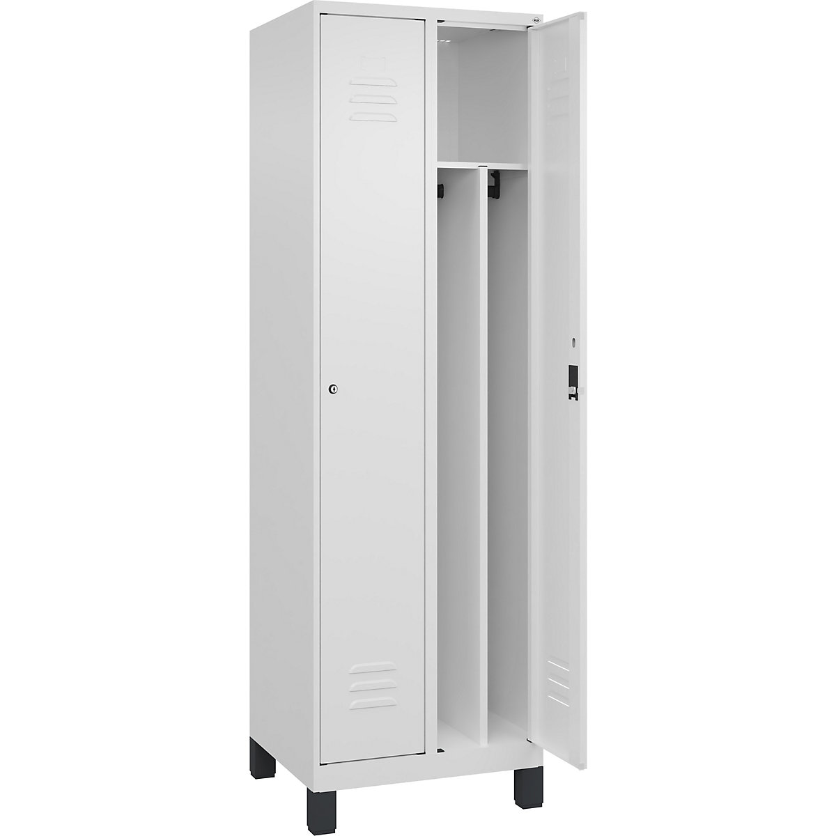 Cacifo com separação de roupa suja/limpa Classic PLUS, estreito – C+P, 2 compartimentos, divisória encurtada, branco trânsito, L 600 mm, com pés, fechadura de cilindro, divisória central-0
