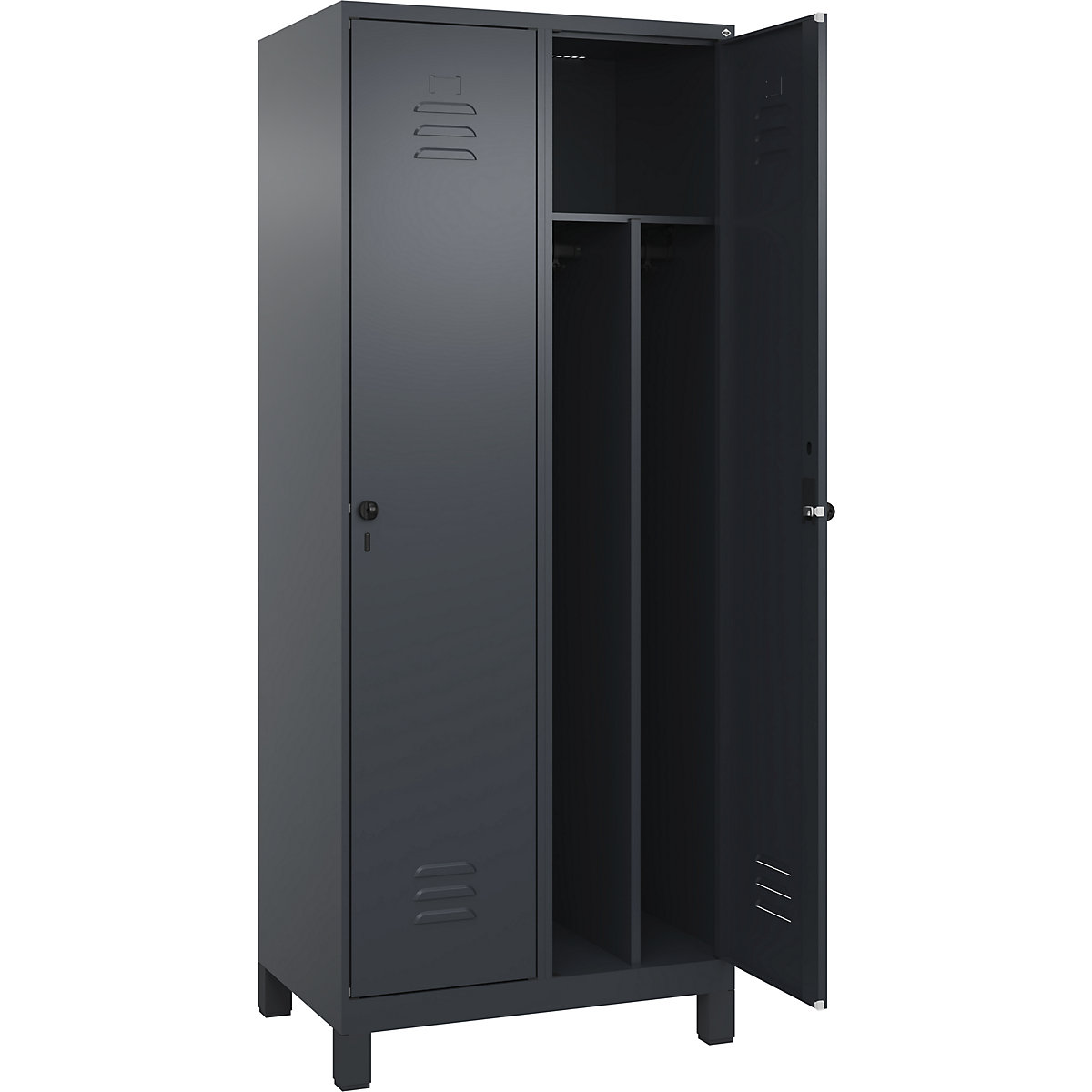 Cacifo com separação de roupa suja/limpa Classic PLUS, estreito – C+P, 2 compartimentos, divisória encurtada, cinzento, L 800 mm, com pés, trinco rotativo, divisória central-0