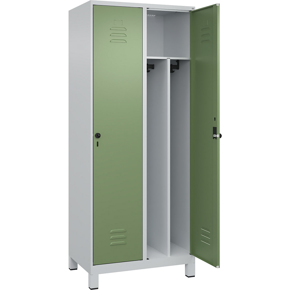 Cacifo com separação de roupa suja/limpa Classic PLUS, estreito – C+P, 2 compartimentos, divisória encurtada, cinzento claro/verde reseda, L 800 mm, com pés, trinco rotativo, divisória central-0
