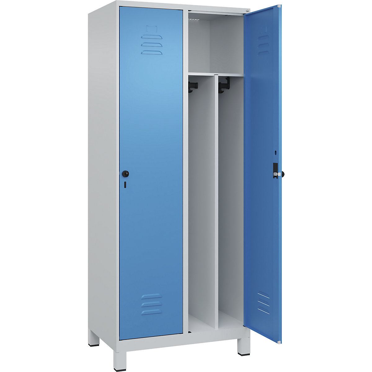 Cacifo com separação de roupa suja/limpa Classic PLUS, estreito – C+P, 2 compartimentos, divisória encurtada, cinzento claro/azul claro, L 800 mm, com pés, trinco rotativo, divisória central-0