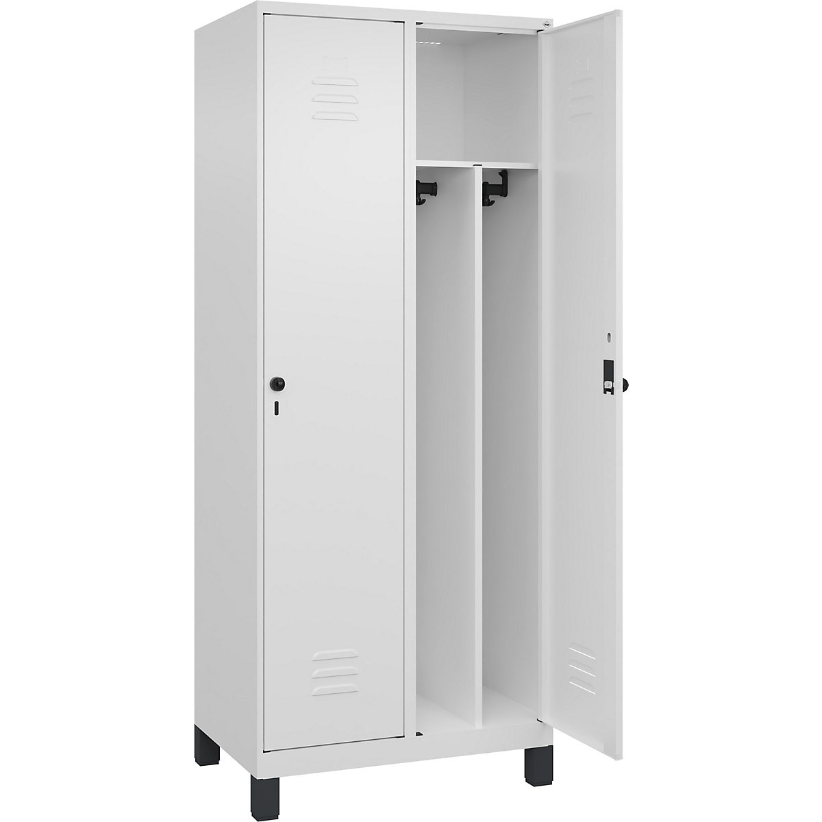 Cacifo com separação de roupa suja/limpa Classic PLUS, estreito – C+P, 2 compartimentos, divisória encurtada, branco trânsito, L 800 mm, com pés, trinco rotativo, divisória central-0
