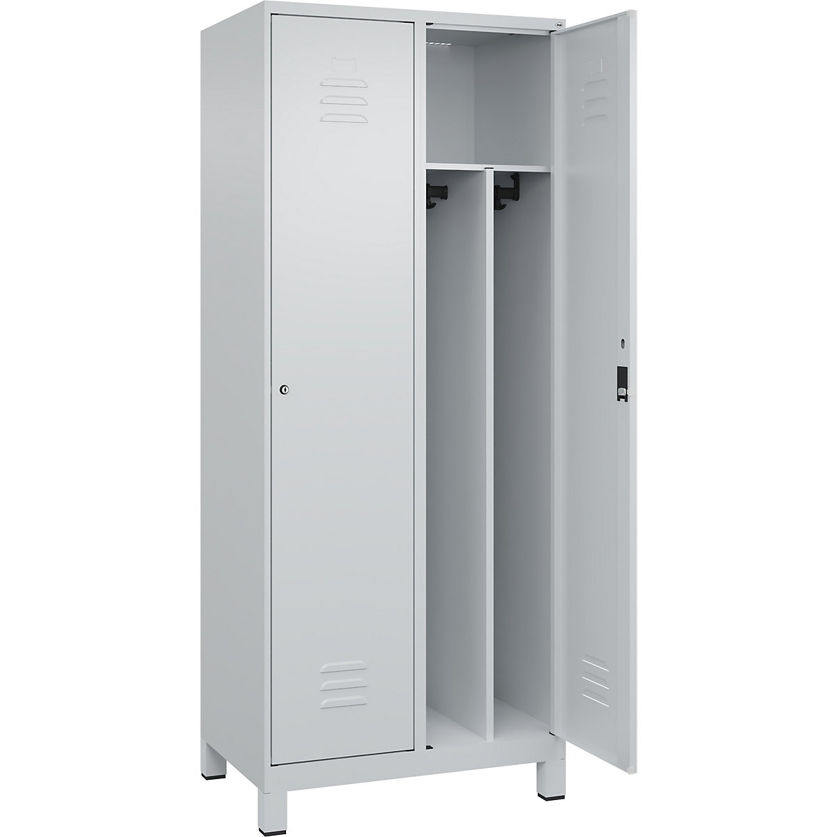 Cacifo com separação de roupa suja/limpa Classic PLUS, estreito – C+P, 2 compartimentos, divisória encurtada, cinzento claro, L 800 mm, com pés, fechadura de cilindro, divisória central-0