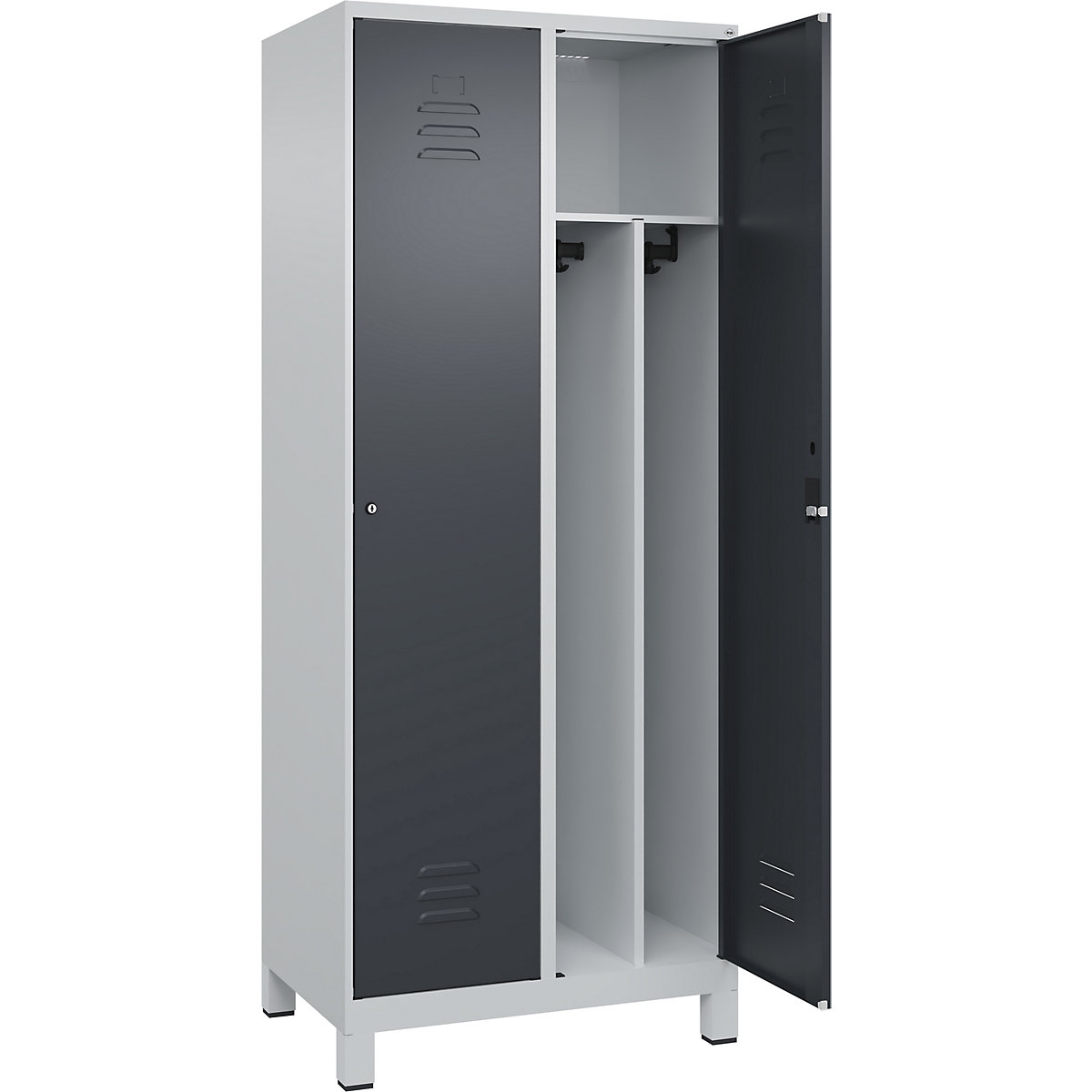 Cacifo com separação de roupa suja/limpa Classic PLUS, estreito – C+P, 2 compartimentos, divisória encurtada, cinzento claro/cinzento, L 800 mm, com pés, fechadura de cilindro, divisória central-0