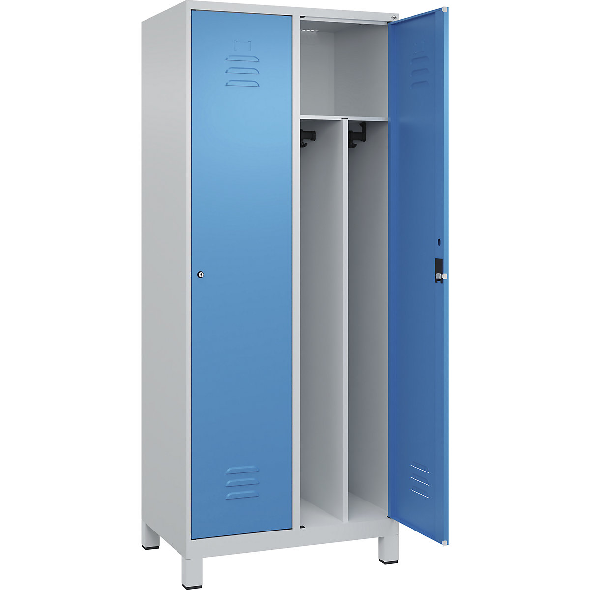Cacifo com separação de roupa suja/limpa Classic PLUS, estreito – C+P, 2 compartimentos, divisória encurtada, cinzento claro/azul claro, L 800 mm, com pés, fechadura de cilindro, divisória central-0