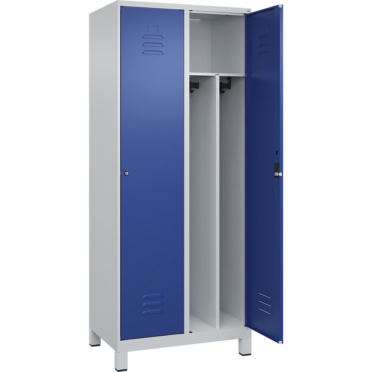 Cacifo com separação de roupa suja/limpa Classic PLUS, estreito – C+P, 2 compartimentos, divisória encurtada, cinzento claro/azul genciana, L 800 mm, com pés, fechadura de cilindro, divisória central-0