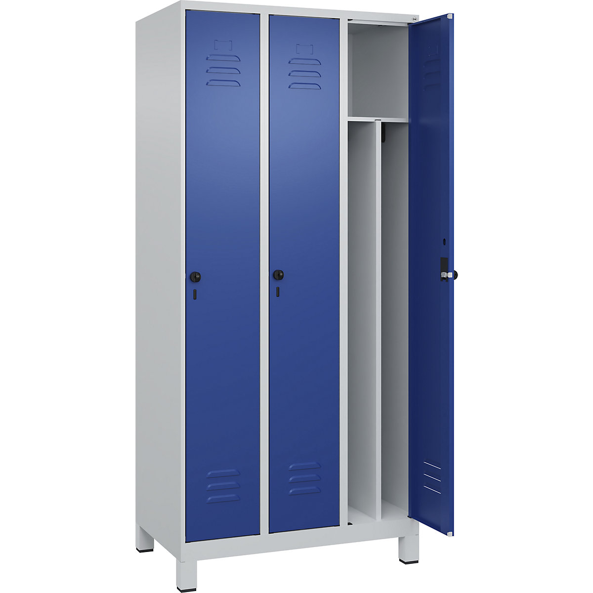 Cacifo com separação de roupa suja/limpa Classic PLUS, estreito – C+P, 3 compartimentos, divisória encurtada, cinzento claro/azul genciana, L 900 mm, com pés, trinco rotativo, divisória central-0
