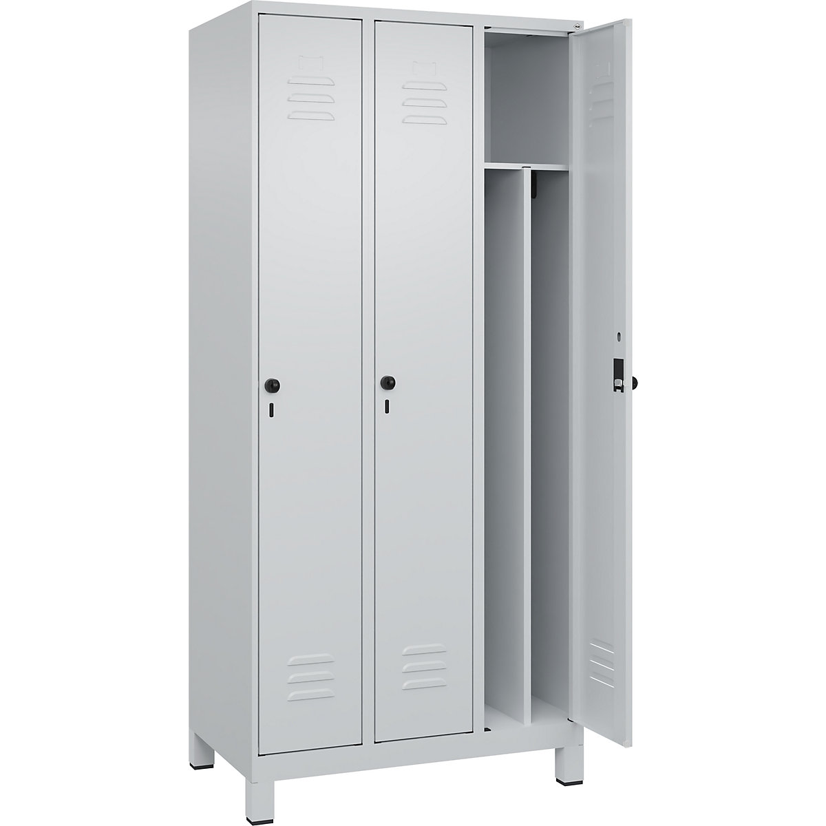 Cacifo com separação de roupa suja/limpa Classic PLUS, estreito – C+P, 3 compartimentos, divisória encurtada, cinzento claro, L 900 mm, com pés, trinco rotativo, divisória central-0