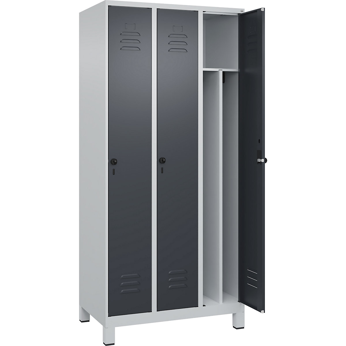 Cacifo com separação de roupa suja/limpa Classic PLUS, estreito – C+P, 3 compartimentos, divisória encurtada, cinzento claro/cinzento, L 900 mm, com pés, trinco rotativo, divisória central-0