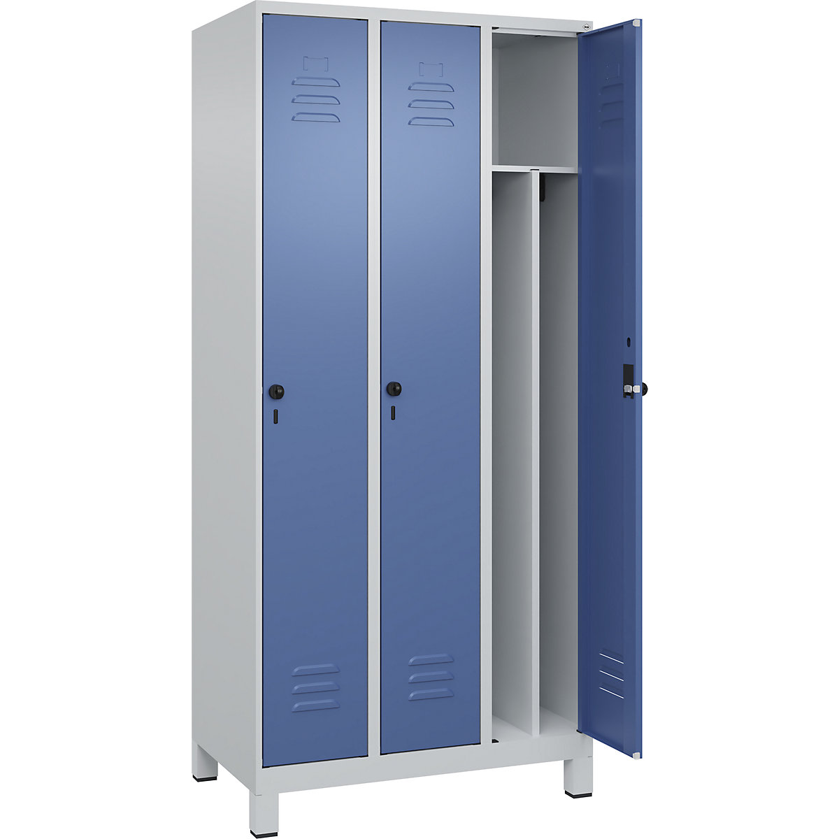 Cacifo com separação de roupa suja/limpa Classic PLUS, estreito – C+P, 3 compartimentos, divisória encurtada, cinzento claro/azul distante, L 900 mm, com pés, trinco rotativo, divisória central-0