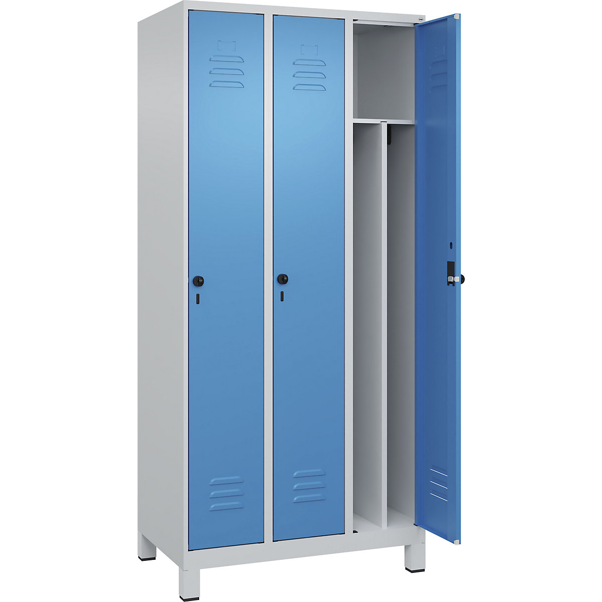 Cacifo com separação de roupa suja/limpa Classic PLUS, estreito – C+P, 3 compartimentos, divisória encurtada, cinzento claro/azul claro, L 900 mm, com pés, trinco rotativo, divisória central-0