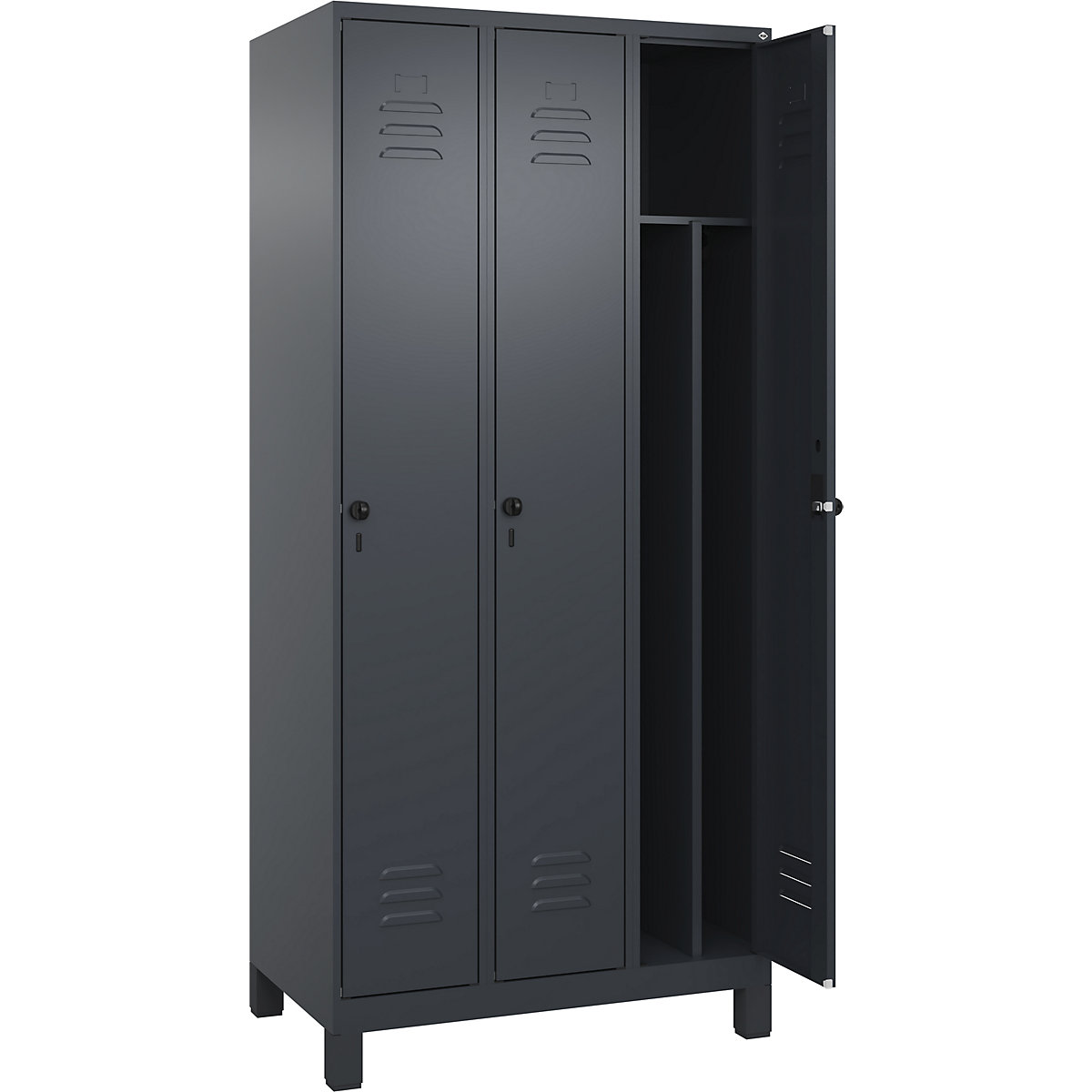 Cacifo com separação de roupa suja/limpa Classic PLUS, estreito – C+P, 3 compartimentos, divisória encurtada, cinzento, L 900 mm, com pés, trinco rotativo, divisória central-0