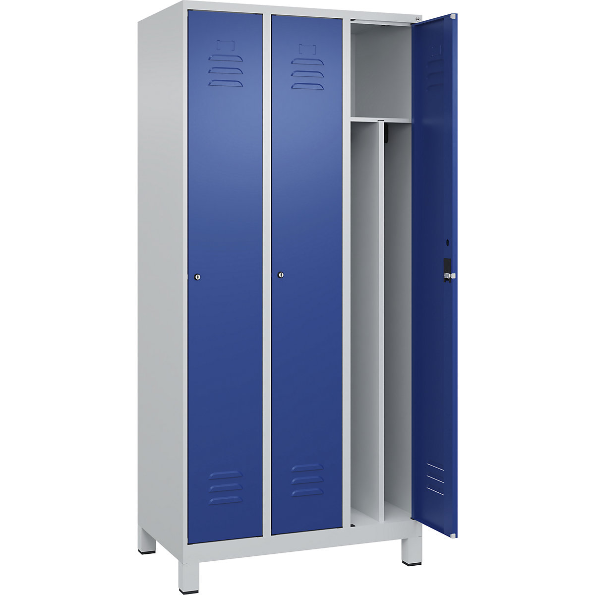 Cacifo com separação de roupa suja/limpa Classic PLUS, estreito – C+P, 3 compartimentos, divisória encurtada, cinzento claro/azul genciana, L 900 mm, com pés, fechadura de cilindro, divisória central-0