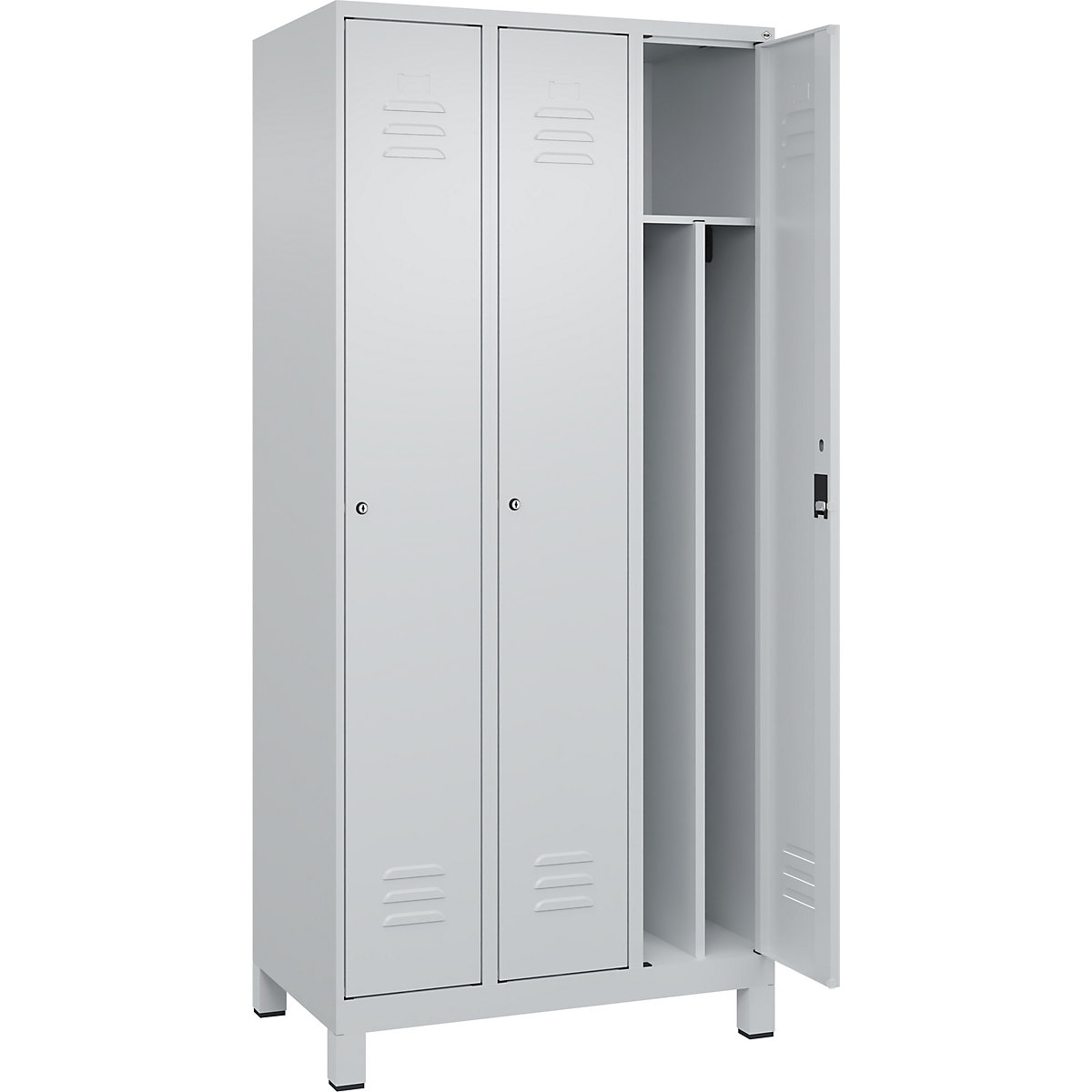 Cacifo com separação de roupa suja/limpa Classic PLUS, estreito – C+P, 3 compartimentos, divisória encurtada, cinzento claro, L 900 mm, com pés, fechadura de cilindro, divisória central-0