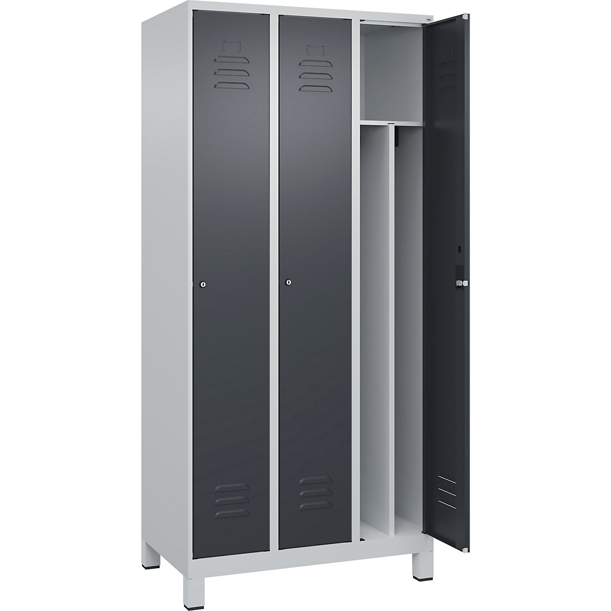 Cacifo com separação de roupa suja/limpa Classic PLUS, estreito – C+P, 3 compartimentos, divisória encurtada, cinzento claro/cinzento, L 900 mm, com pés, fechadura de cilindro, divisória central-0