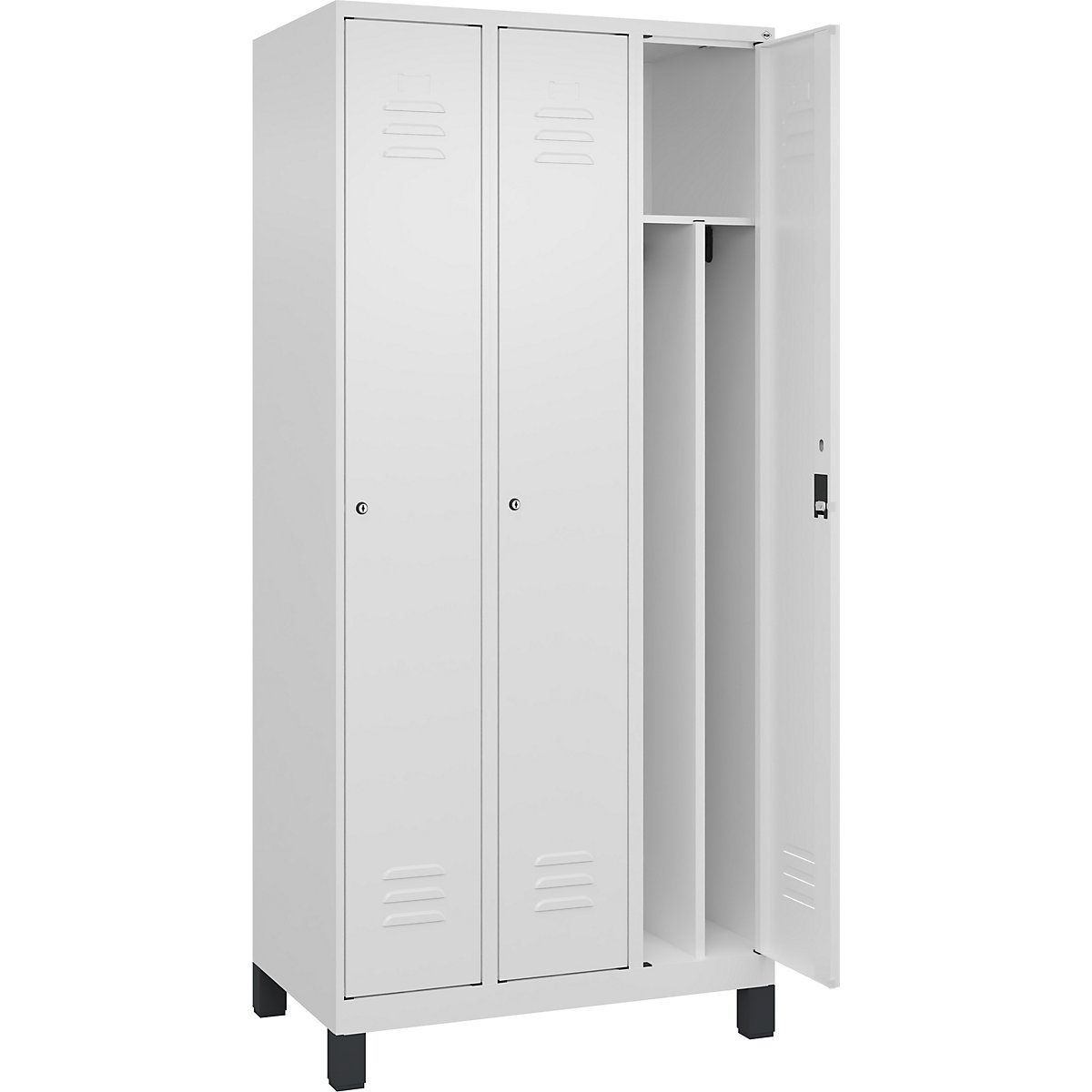 Cacifo com separação de roupa suja/limpa Classic PLUS, estreito – C+P, 3 compartimentos, divisória encurtada, branco trânsito, L 900 mm, com pés, fechadura de cilindro, divisória central-0
