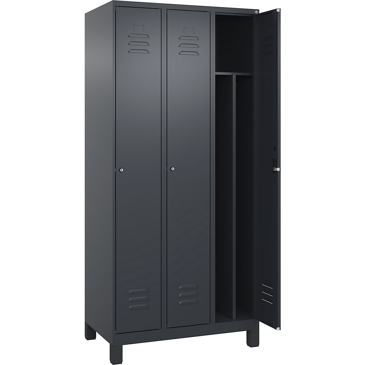Cacifo com separação de roupa suja/limpa Classic PLUS, estreito – C+P, 3 compartimentos, divisória encurtada, cinzento, L 900 mm, com pés, fechadura de cilindro, divisória central-0