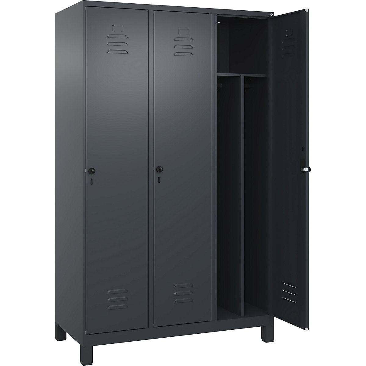 Cacifo com separação de roupa suja/limpa Classic PLUS, estreito – C+P, 3 compartimentos, divisória encurtada, cinzento, L 1200 mm, com pés, trinco rotativo, divisória central-0