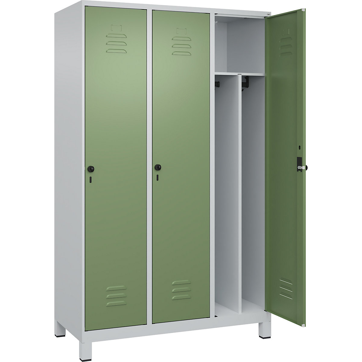Cacifo com separação de roupa suja/limpa Classic PLUS, estreito – C+P, 3 compartimentos, divisória encurtada, cinzento claro/verde reseda, L 1200 mm, com pés, trinco rotativo, divisória central-0
