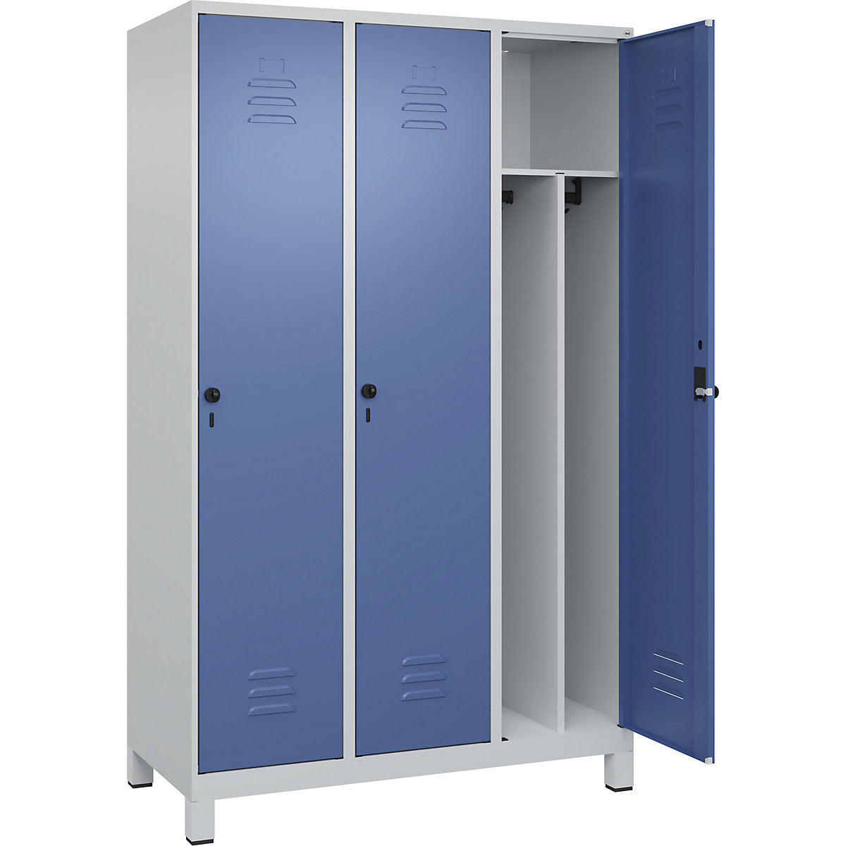 Cacifo com separação de roupa suja/limpa Classic PLUS, estreito – C+P, 3 compartimentos, divisória encurtada, cinzento claro/azul distante, L 1200 mm, com pés, trinco rotativo, divisória central-0