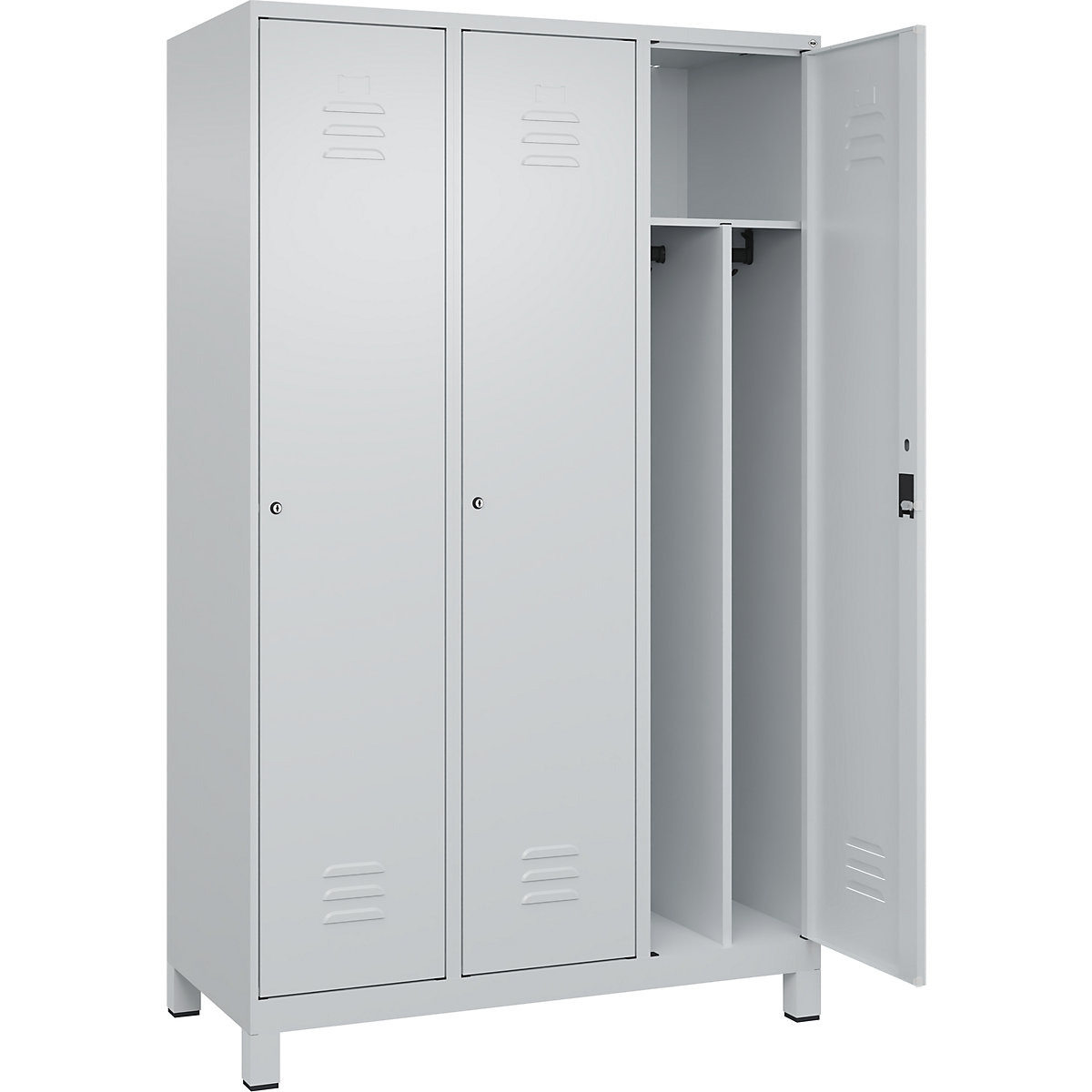 Cacifo com separação de roupa suja/limpa Classic PLUS, estreito – C+P, 3 compartimentos, divisória encurtada, cinzento claro, L 1200 mm, com pés, fechadura de cilindro, divisória central-0