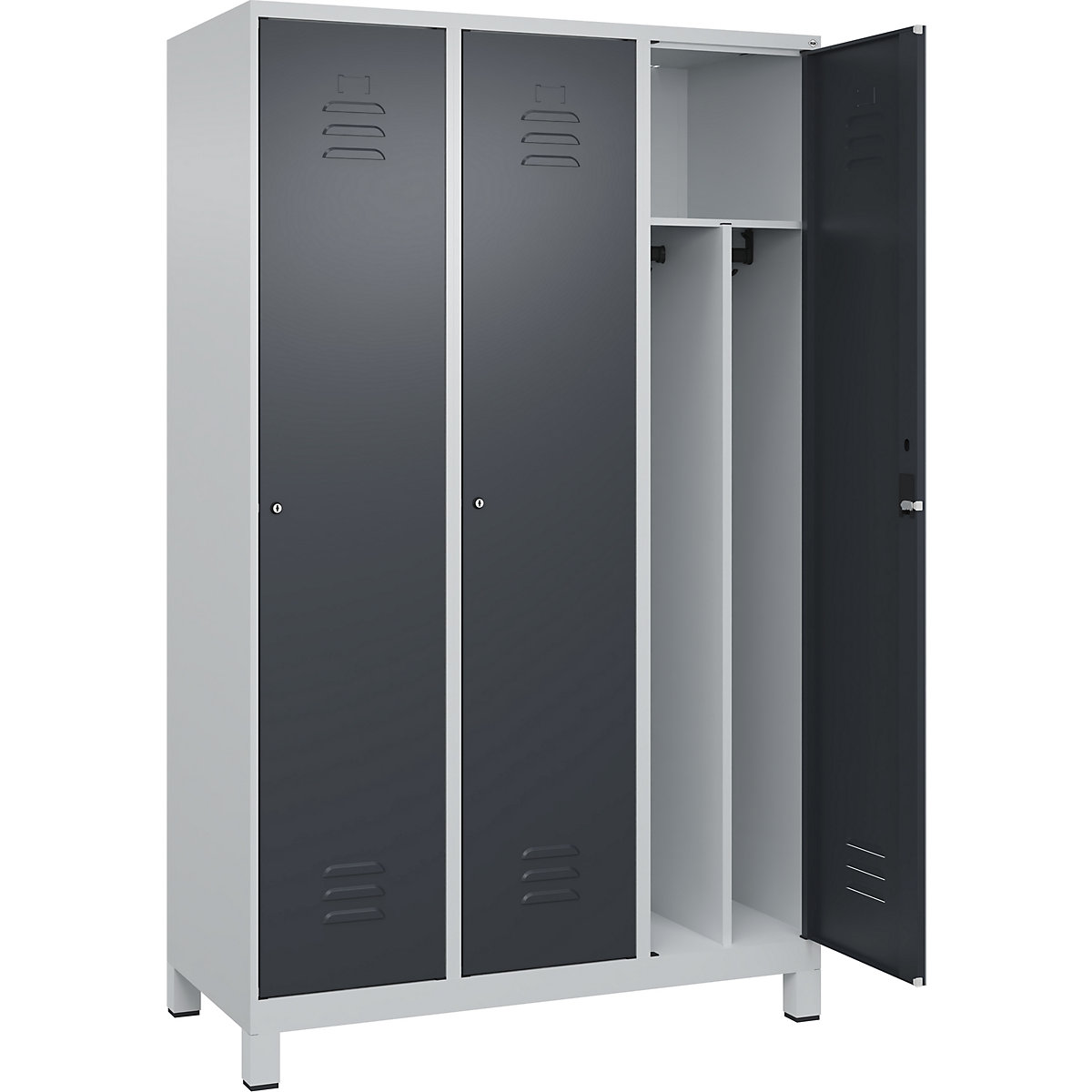 Cacifo com separação de roupa suja/limpa Classic PLUS, estreito – C+P, 3 compartimentos, divisória encurtada, cinzento claro/cinzento, L 1200 mm, com pés, fechadura de cilindro, divisória central-0