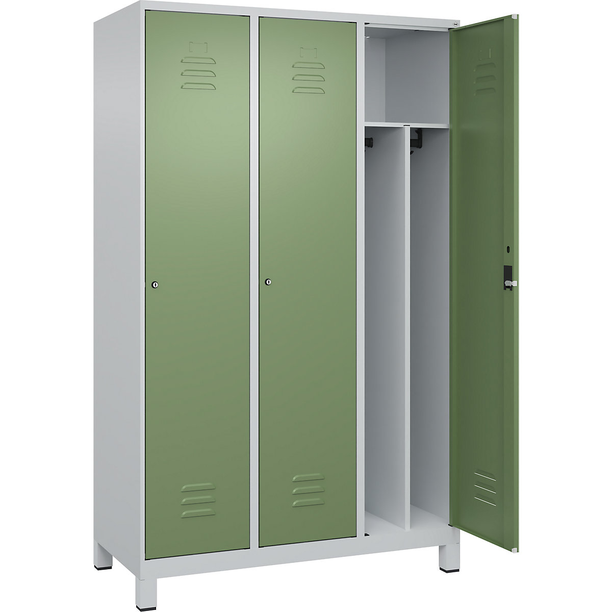 Cacifo com separação de roupa suja/limpa Classic PLUS, estreito – C+P, 3 compartimentos, divisória encurtada, cinzento claro/verde reseda, L 1200 mm, com pés, fechadura de cilindro, divisória central-0