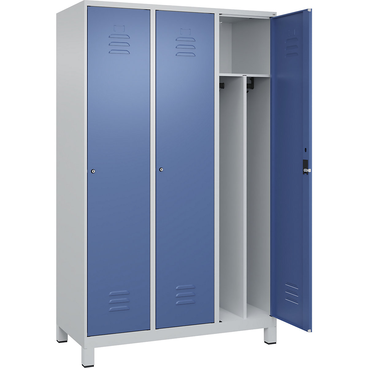 Cacifo com separação de roupa suja/limpa Classic PLUS, estreito – C+P, 3 compartimentos, divisória encurtada, cinzento claro/azul distante, L 1200 mm, com pés, fechadura de cilindro, divisória central-0