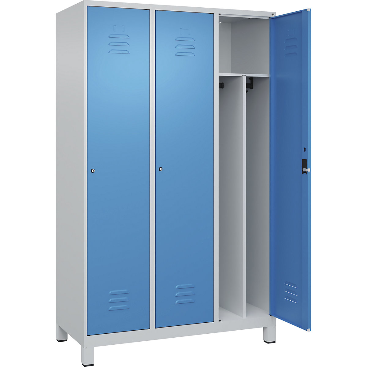 Cacifo com separação de roupa suja/limpa Classic PLUS, estreito – C+P, 3 compartimentos, divisória encurtada, cinzento claro/azul claro, L 1200 mm, com pés, fechadura de cilindro, divisória central-0