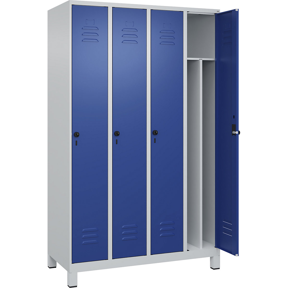 Cacifo com separação de roupa suja/limpa Classic PLUS, estreito – C+P, 4 compartimentos, divisória encurtada, cinzento claro/azul genciana, L 1200 mm, com pés, trinco rotativo, divisória central-0