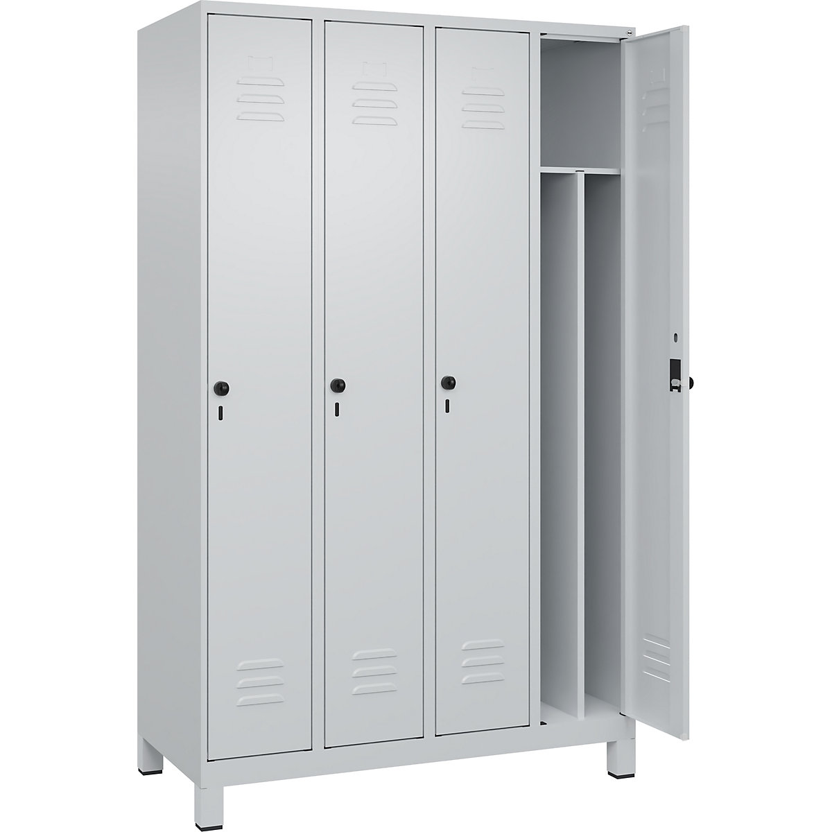 Cacifo com separação de roupa suja/limpa Classic PLUS, estreito – C+P, 4 compartimentos, divisória encurtada, cinzento claro, L 1200 mm, com pés, trinco rotativo, divisória central-0