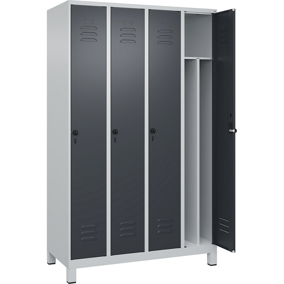 Cacifo com separação de roupa suja/limpa Classic PLUS, estreito – C+P, 4 compartimentos, divisória encurtada, cinzento claro/cinzento, L 1200 mm, com pés, trinco rotativo, divisória central-0