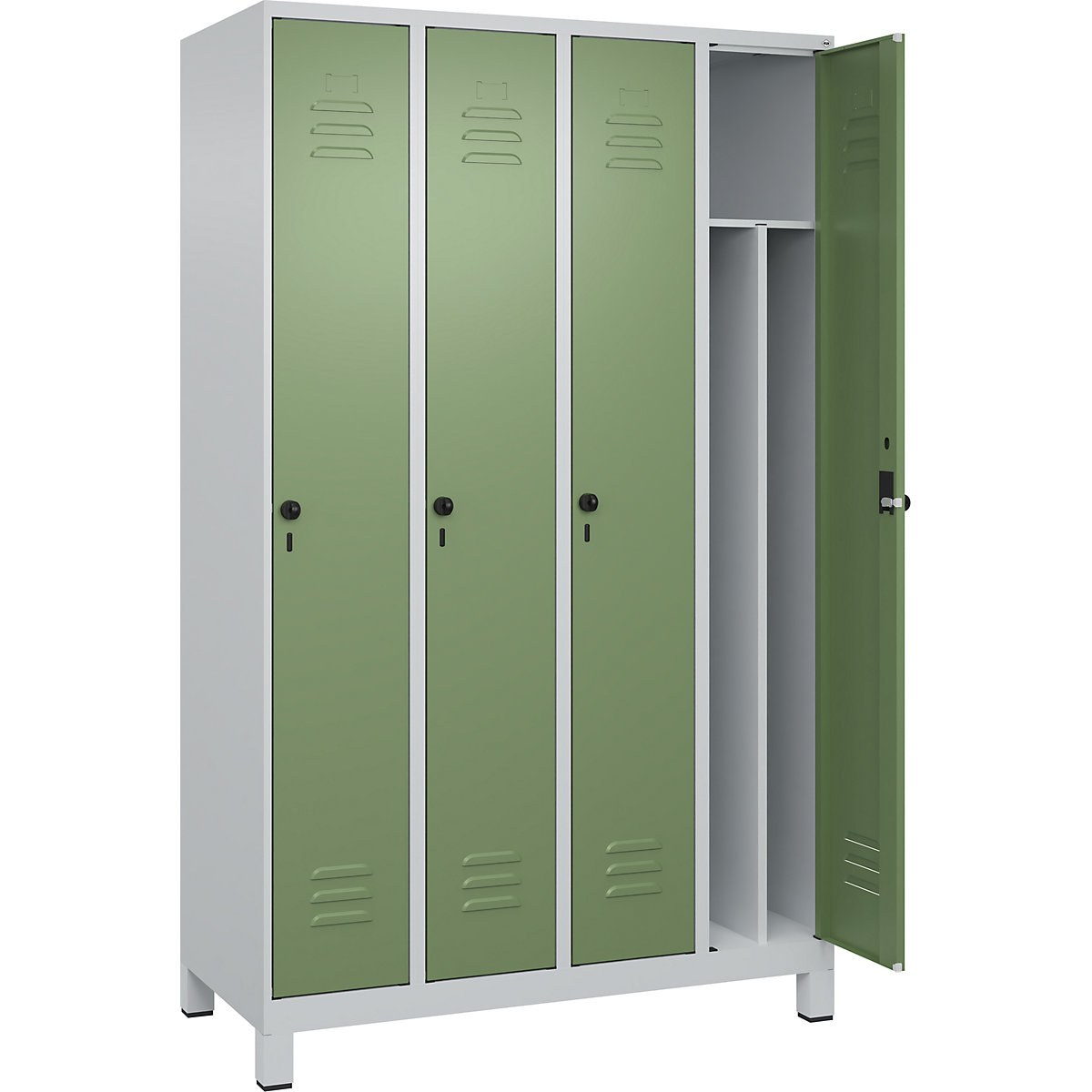 Cacifo com separação de roupa suja/limpa Classic PLUS, estreito – C+P, 4 compartimentos, divisória encurtada, cinzento claro/verde reseda, L 1200 mm, com pés, trinco rotativo, divisória central-0