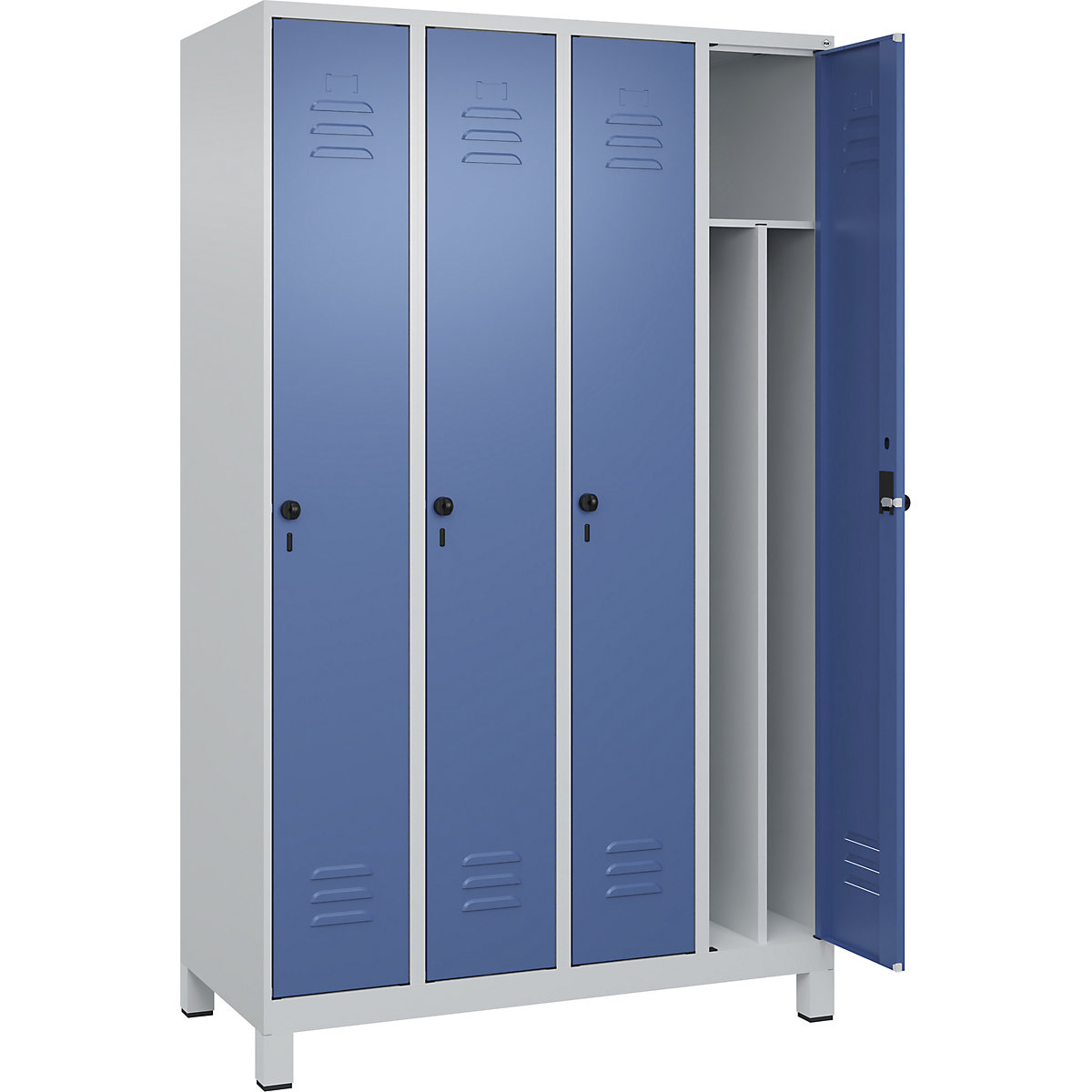 Cacifo com separação de roupa suja/limpa Classic PLUS, estreito – C+P, 4 compartimentos, divisória encurtada, cinzento claro/azul distante, L 1200 mm, com pés, trinco rotativo, divisória central-0