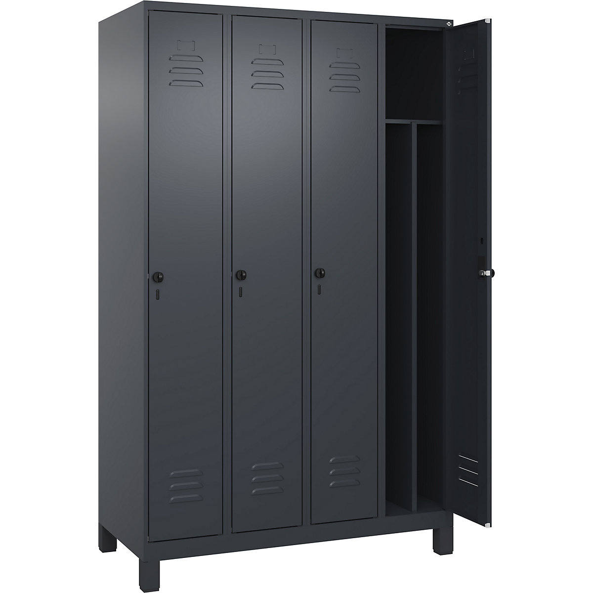 Cacifo com separação de roupa suja/limpa Classic PLUS, estreito – C+P, 4 compartimentos, divisória encurtada, cinzento, L 1200 mm, com pés, trinco rotativo, divisória central-0