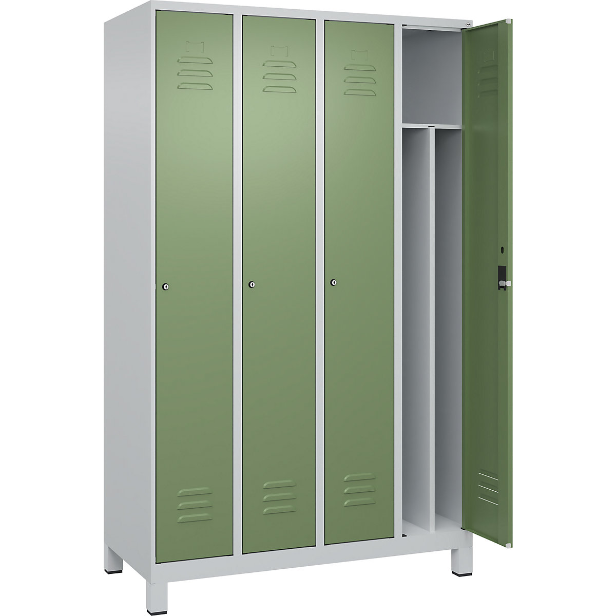 Cacifo com separação de roupa suja/limpa Classic PLUS, estreito – C+P, 4 compartimentos, divisória encurtada, cinzento claro/verde reseda, L 1200 mm, com pés, fechadura de cilindro, divisória central-0
