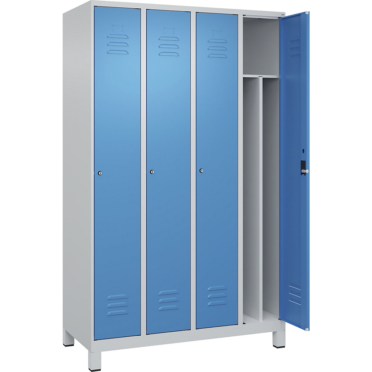 Cacifo com separação de roupa suja/limpa Classic PLUS, estreito – C+P, 4 compartimentos, divisória encurtada, cinzento claro/azul claro, L 1200 mm, com pés, fechadura de cilindro, divisória central-0