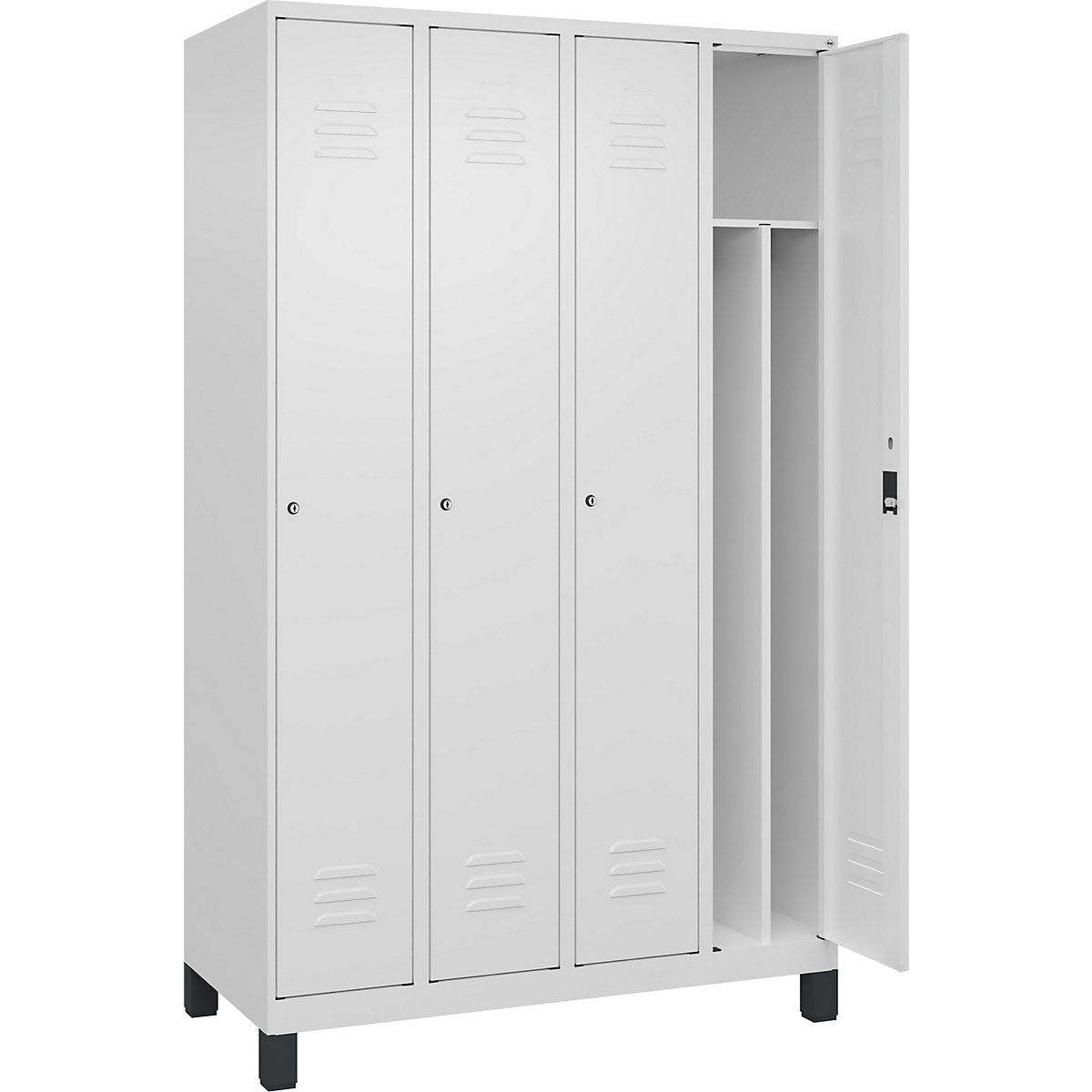 Cacifo com separação de roupa suja/limpa Classic PLUS, estreito – C+P, 4 compartimentos, divisória encurtada, branco trânsito, L 1200 mm, com pés, fechadura de cilindro, divisória central-0