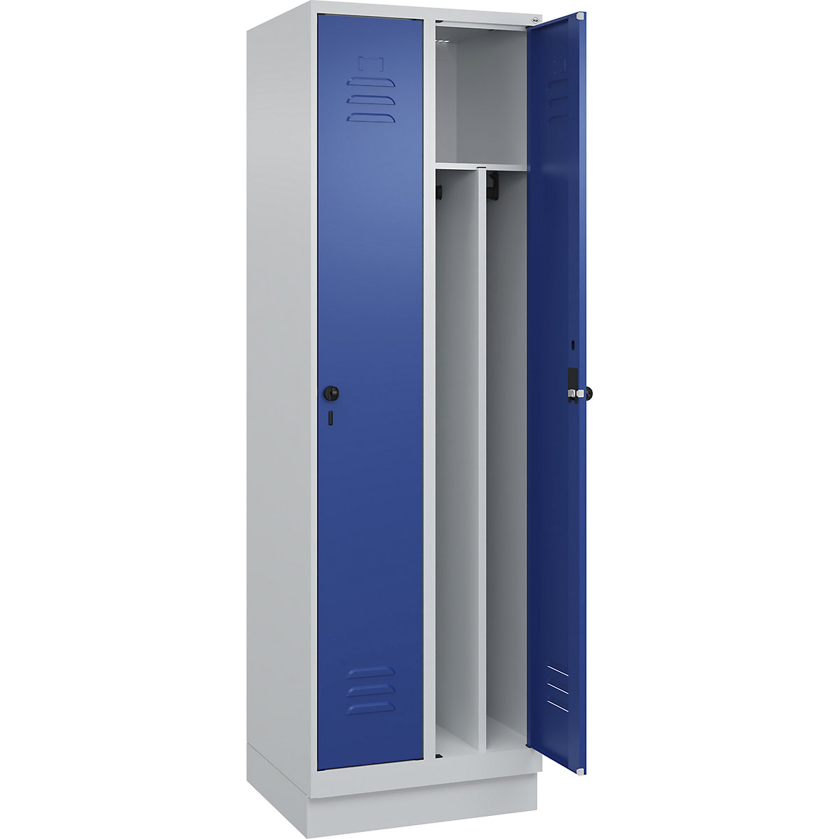 Cacifo com separação de roupa suja/limpa Classic PLUS, estreito – C+P, 2 compartimentos, divisória encurtada, cinzento claro/azul genciana, L 600 mm, com rodapé, trinco rotativo, divisória central-0