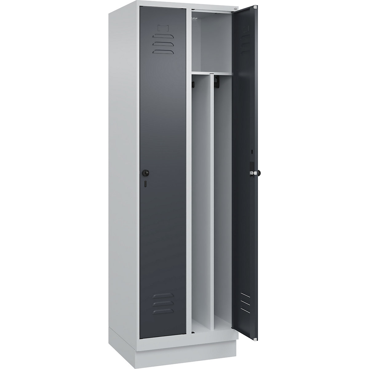 Cacifo com separação de roupa suja/limpa Classic PLUS, estreito – C+P, 2 compartimentos, divisória encurtada, cinzento claro/cinzento, L 600 mm, com rodapé, trinco rotativo, divisória central-0