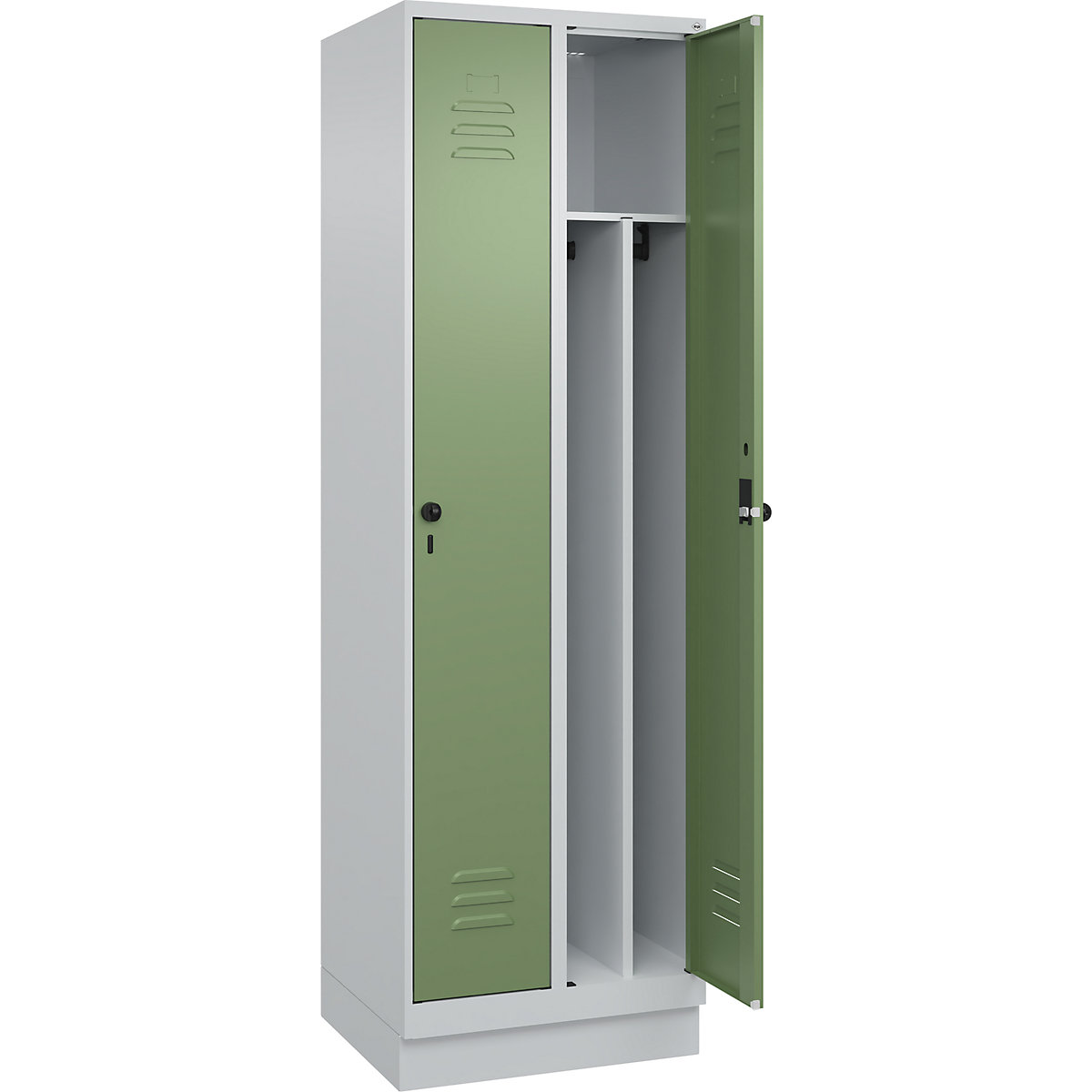 Cacifo com separação de roupa suja/limpa Classic PLUS, estreito – C+P, 2 compartimentos, divisória encurtada, cinzento claro/verde reseda, L 600 mm, com rodapé, trinco rotativo, divisória central-0