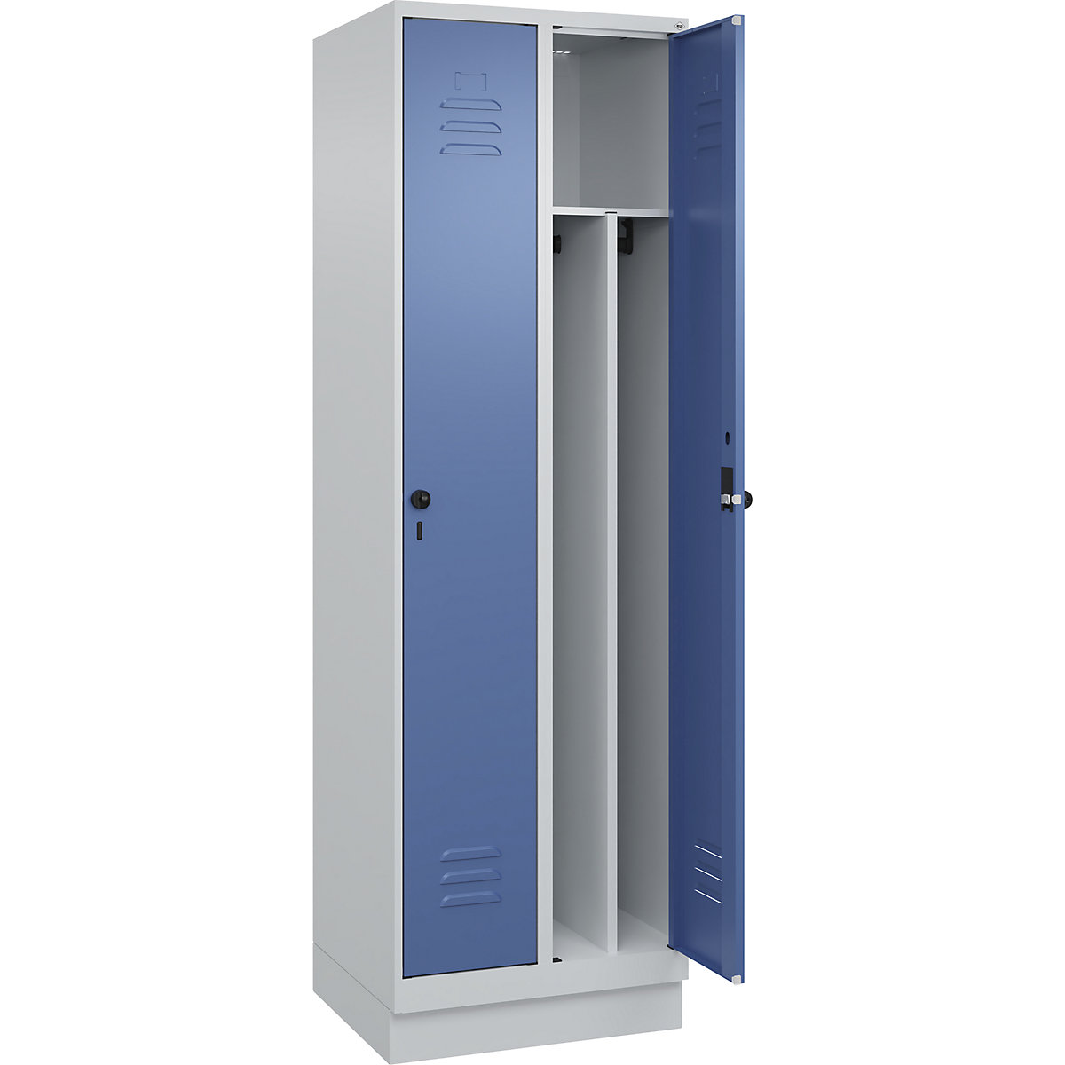 Cacifo com separação de roupa suja/limpa Classic PLUS, estreito – C+P, 2 compartimentos, divisória encurtada, cinzento claro/azul distante, L 600 mm, com rodapé, trinco rotativo, divisória central-0