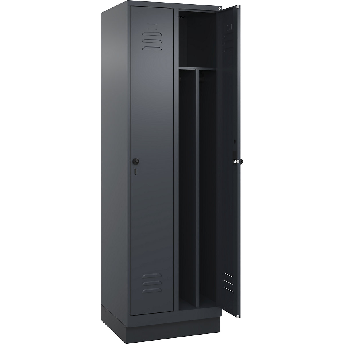 Cacifo com separação de roupa suja/limpa Classic PLUS, estreito – C+P, 2 compartimentos, divisória encurtada, cinzento, L 600 mm, com rodapé, trinco rotativo, divisória central-0