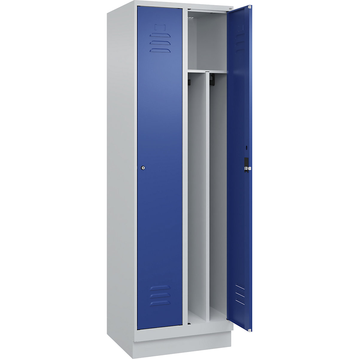 Cacifo com separação de roupa suja/limpa Classic PLUS, estreito – C+P, 2 compartimentos, divisória encurtada, cinzento claro/azul genciana, L 600 mm, com rodapé, fechadura de cilindro, divisória central-0