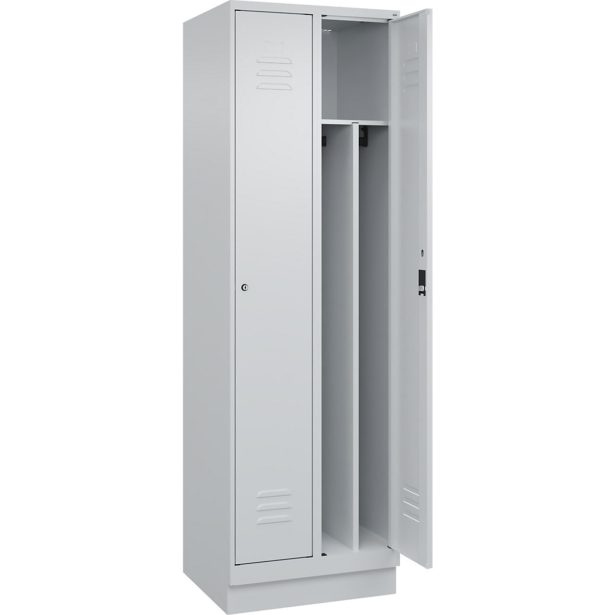 Cacifo com separação de roupa suja/limpa Classic PLUS, estreito – C+P, 2 compartimentos, divisória encurtada, cinzento claro, L 600 mm, com rodapé, fechadura de cilindro, divisória central-0
