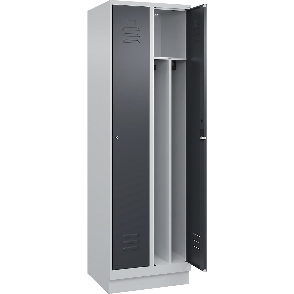 Cacifo com separação de roupa suja/limpa Classic PLUS, estreito – C+P, 2 compartimentos, divisória encurtada, cinzento claro/cinzento, L 600 mm, com rodapé, fechadura de cilindro, divisória central-0