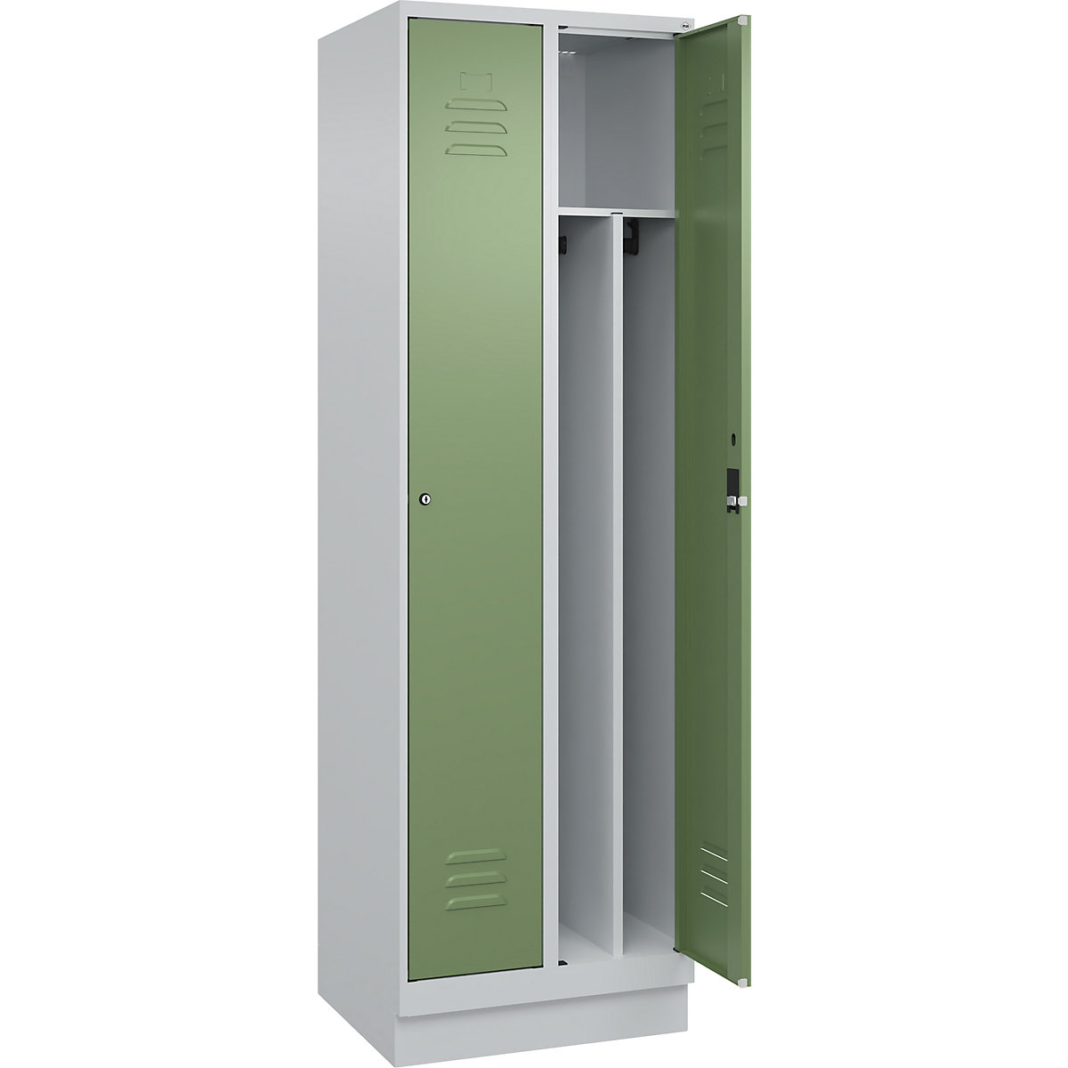 Cacifo com separação de roupa suja/limpa Classic PLUS, estreito – C+P, 2 compartimentos, divisória encurtada, cinzento claro/verde reseda, L 600 mm, com rodapé, fechadura de cilindro, divisória central-0