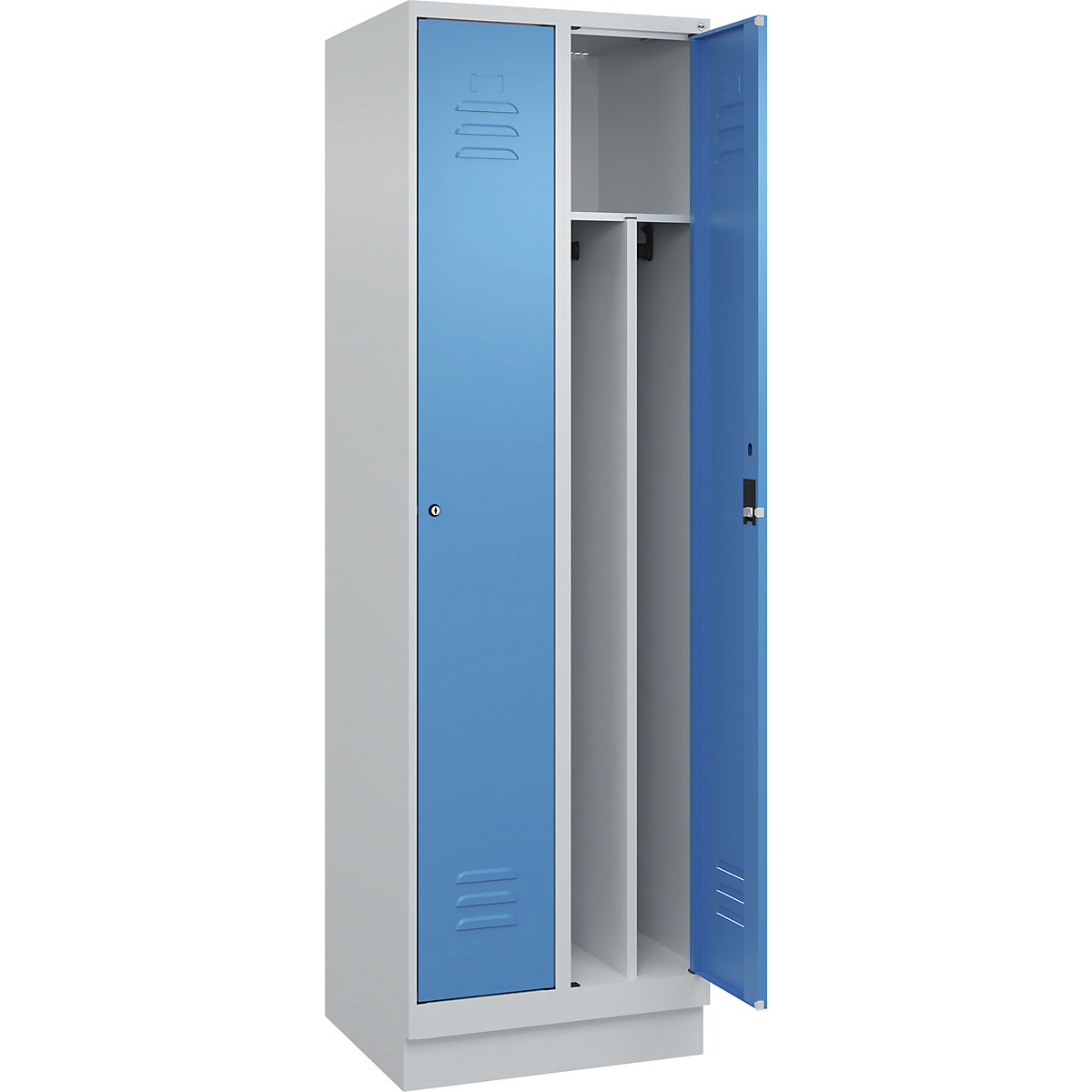 Cacifo com separação de roupa suja/limpa Classic PLUS, estreito – C+P, 2 compartimentos, divisória encurtada, cinzento claro/azul claro, L 600 mm, com rodapé, fechadura de cilindro, divisória central-0