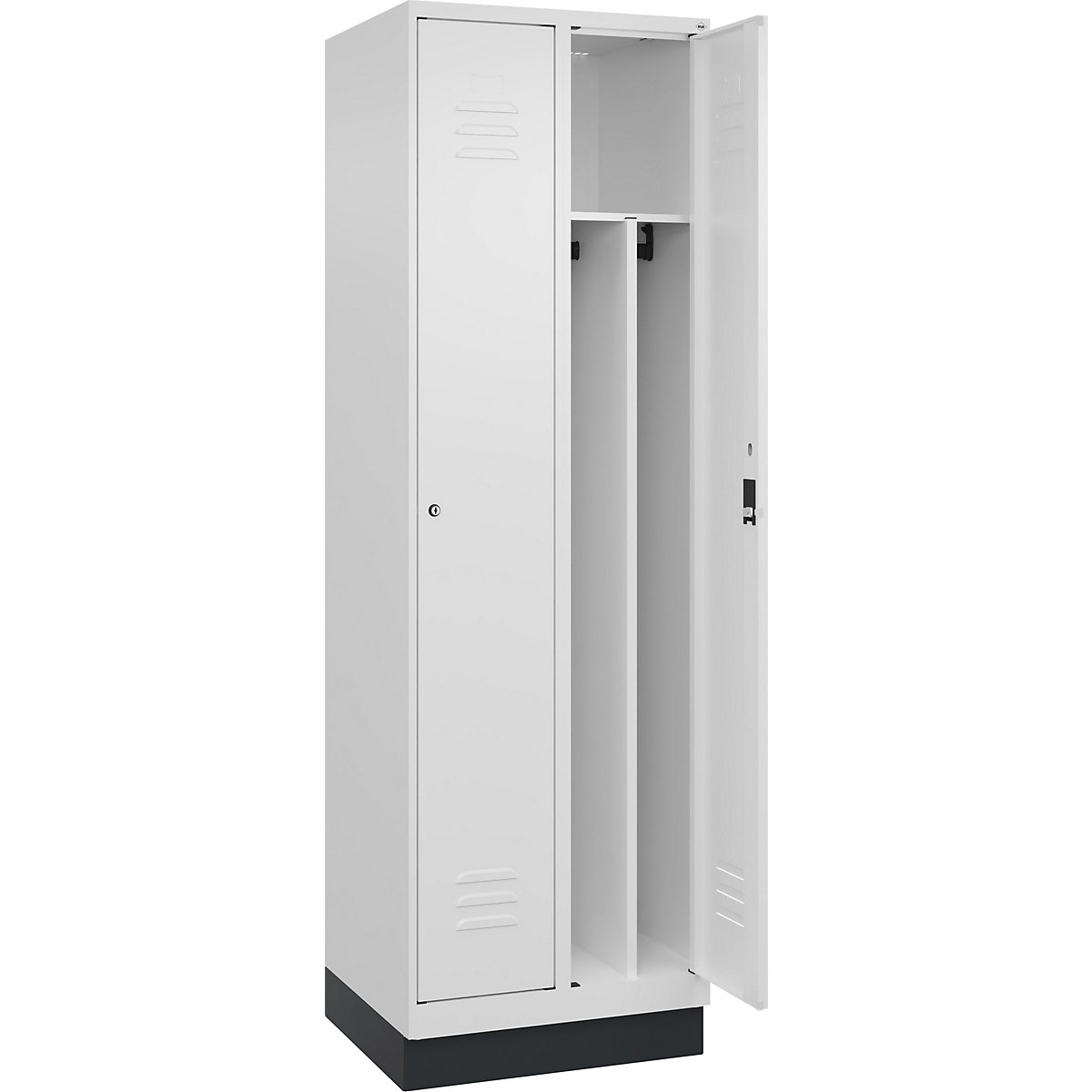 Cacifo com separação de roupa suja/limpa Classic PLUS, estreito – C+P, 2 compartimentos, divisória encurtada, branco trânsito, L 600 mm, com rodapé, fechadura de cilindro, divisória central-0