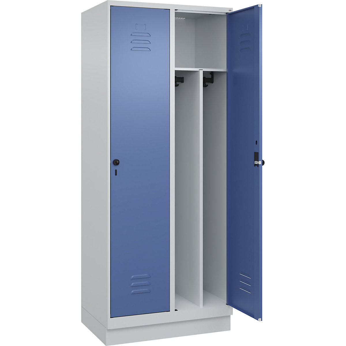 Cacifo com separação de roupa suja/limpa Classic PLUS, estreito – C+P, 2 compartimentos, divisória encurtada, cinzento claro/azul distante, L 800 mm, com rodapé, trinco rotativo, divisória central-0