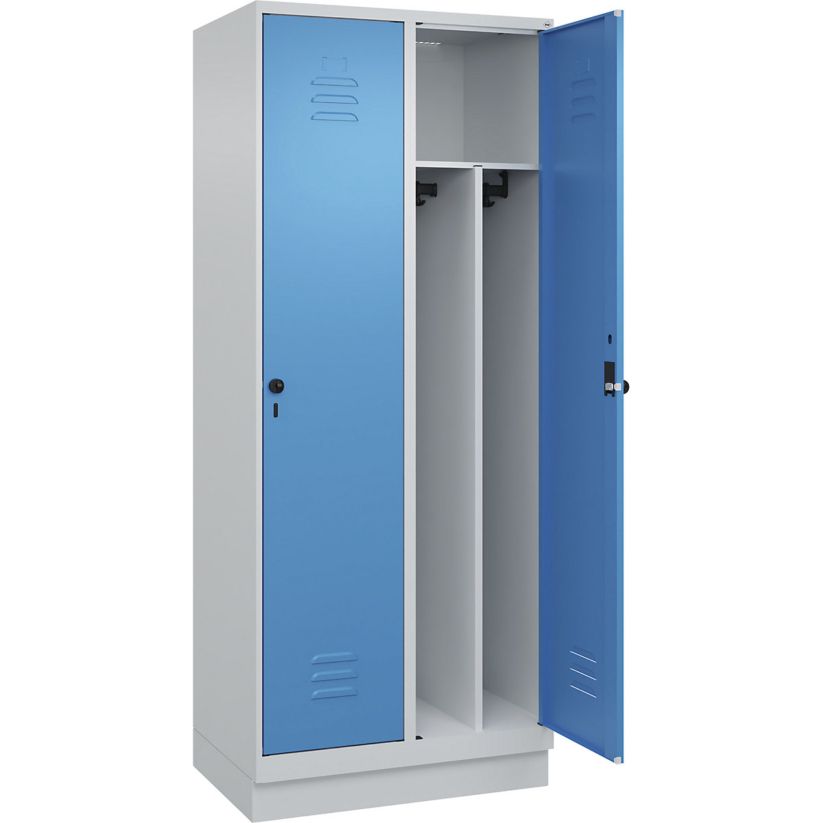 Cacifo com separação de roupa suja/limpa Classic PLUS, estreito – C+P, 2 compartimentos, divisória encurtada, cinzento claro/azul claro, L 800 mm, com rodapé, trinco rotativo, divisória central-0